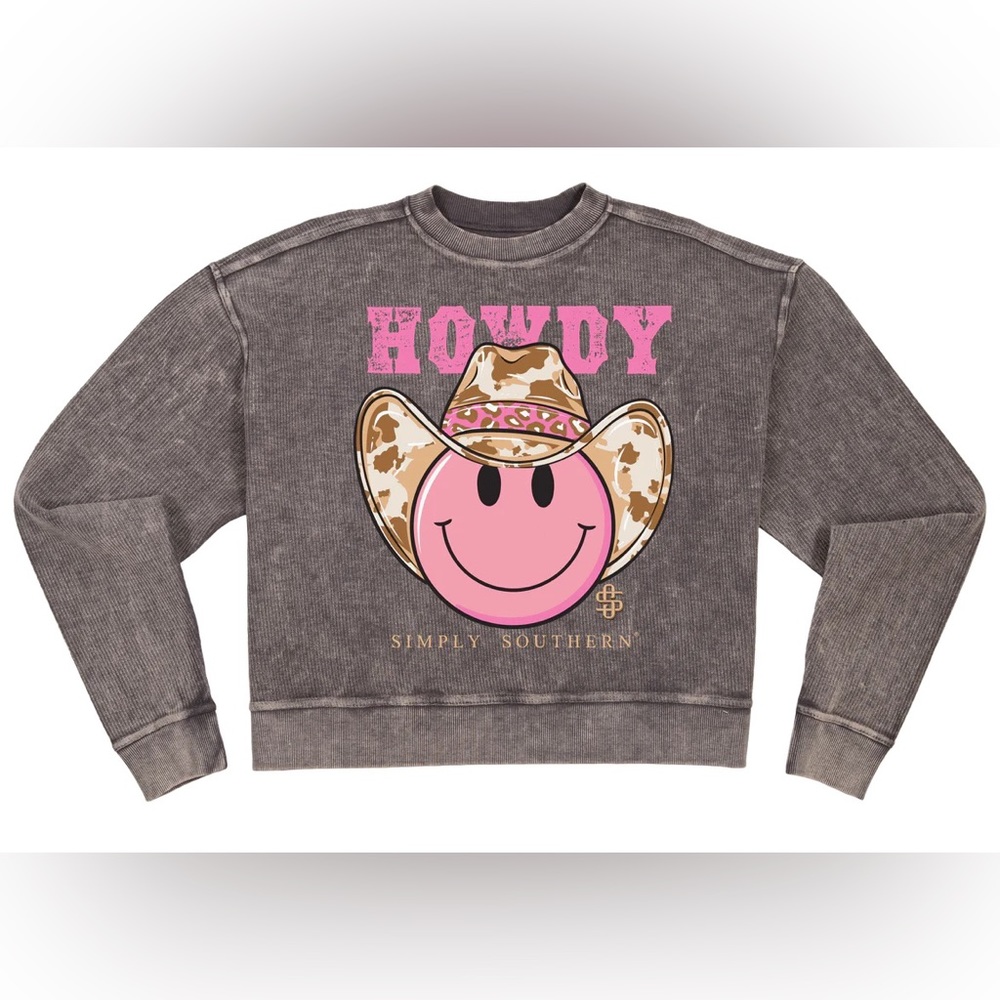 NWT Simply Southern acid wash long sleeve cropped crew neck graphic smiley face